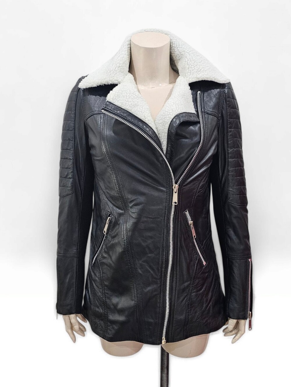 CARMAR Women Black Real Leather Faux Shearling Moto Biker Jacket 8